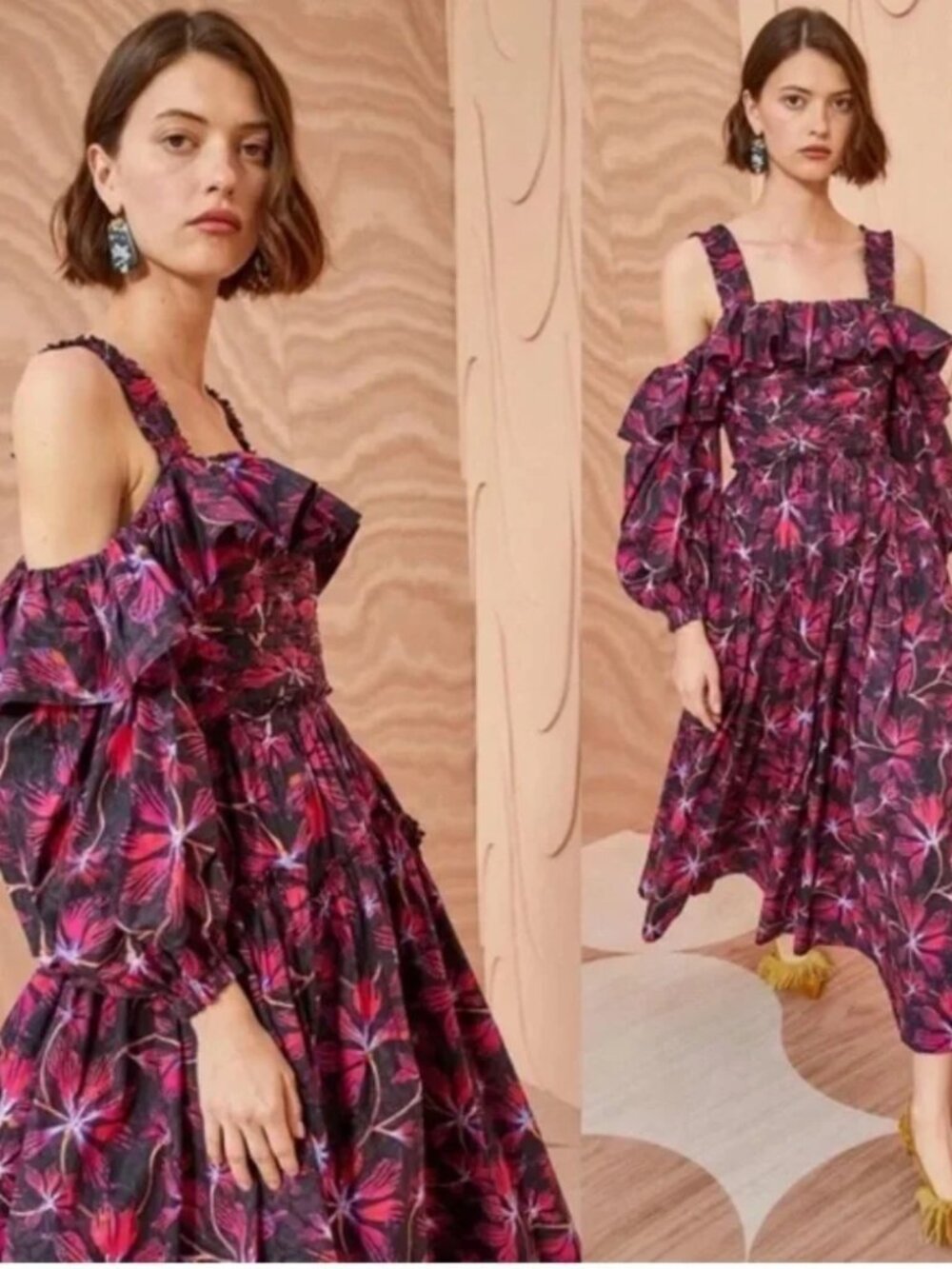 ULLA Johnson Caprice Zinnia Midi Dress Floral Cotton Poplin Off Shoulder Ruffle